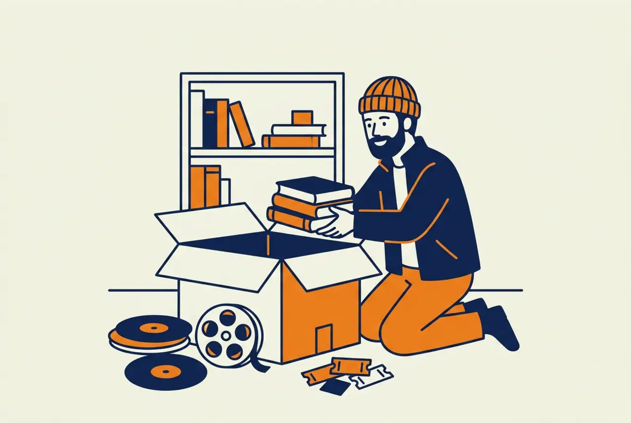 Illustration of someone unpacking books, records and films from a moving box
